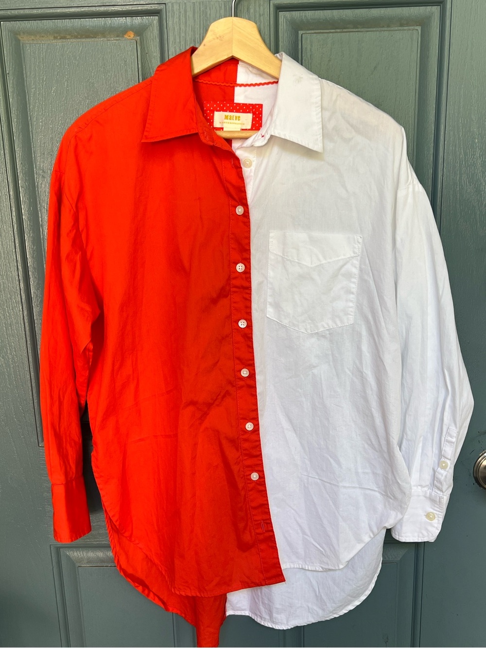 Maeve Colorblock Over-Sized Button Down Orange and White Shirt